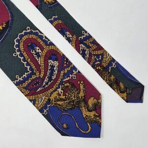 LAIGLON SILK TIE BLUE GREEN RED GOLD PAISLEY LION BOLD HAND MADE 3.5" X 56"
